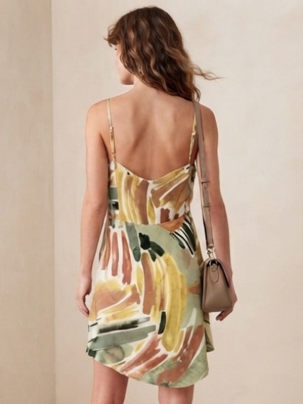 Abstract Print Spaghetti Strap Summer Dress in Green & Mustard - Picture 2 of 5